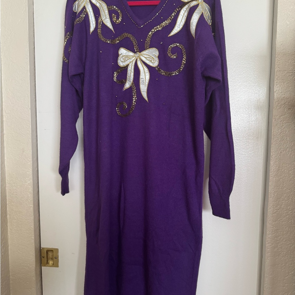EUC Vintage Cervelle Purple Beaded Soft Sweater Holiday Party Dress Size Large